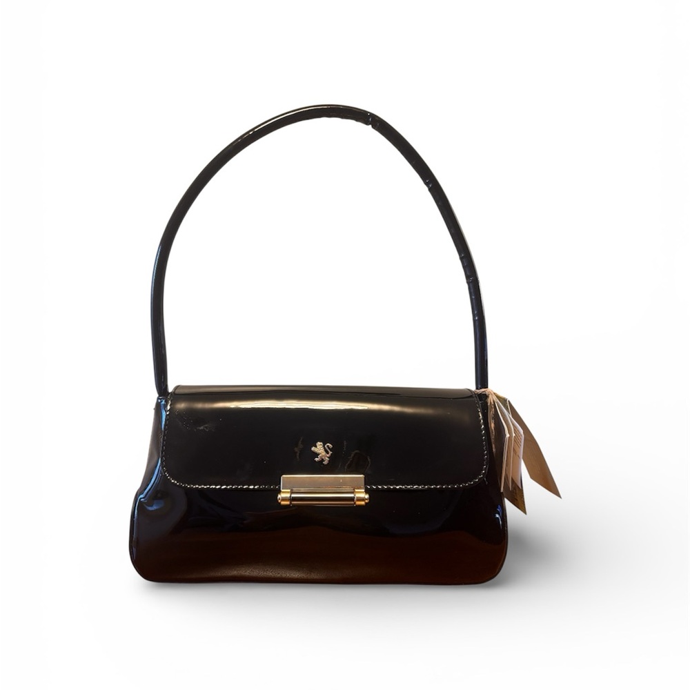 NWT Pratesi Firenze Italian Leather Black Handbag Purse Gold Accent R290